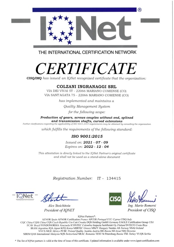 L'immagine del certificato Iqnet ISO 9001 2015